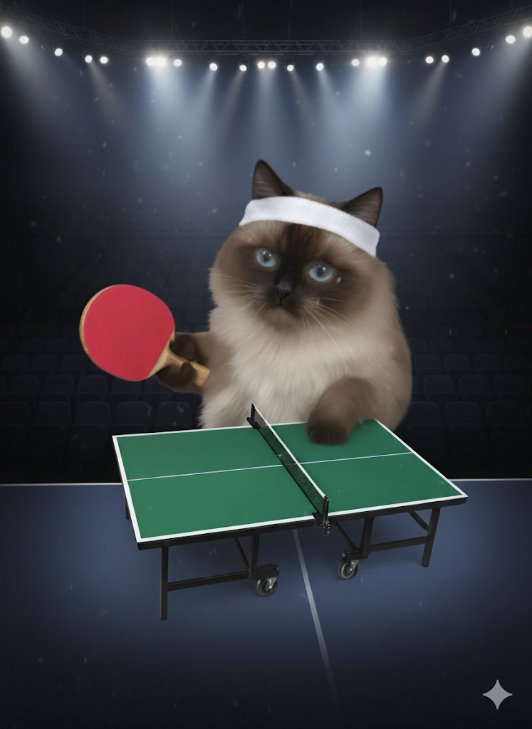 A cat playing ping pong